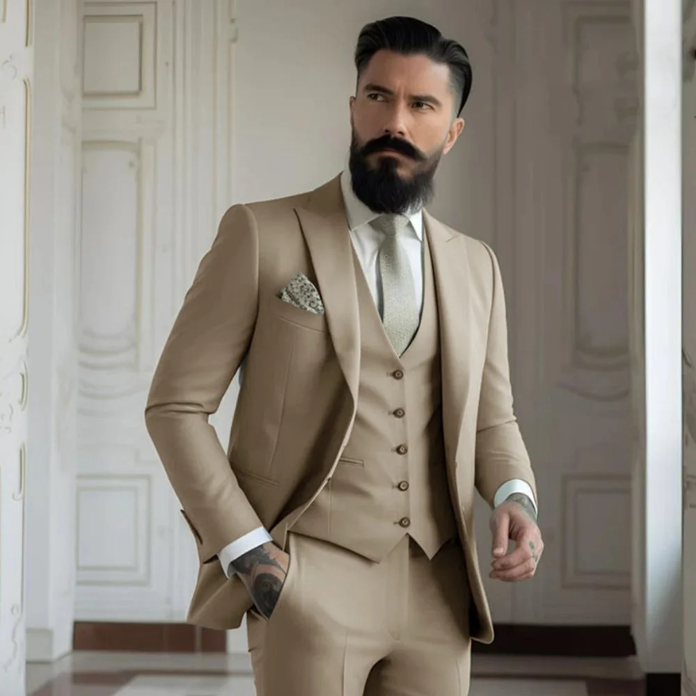Men Formal Wear With Coat - 3-delige post-kaki pakken herenpakken bruiloftskleding zakelijk