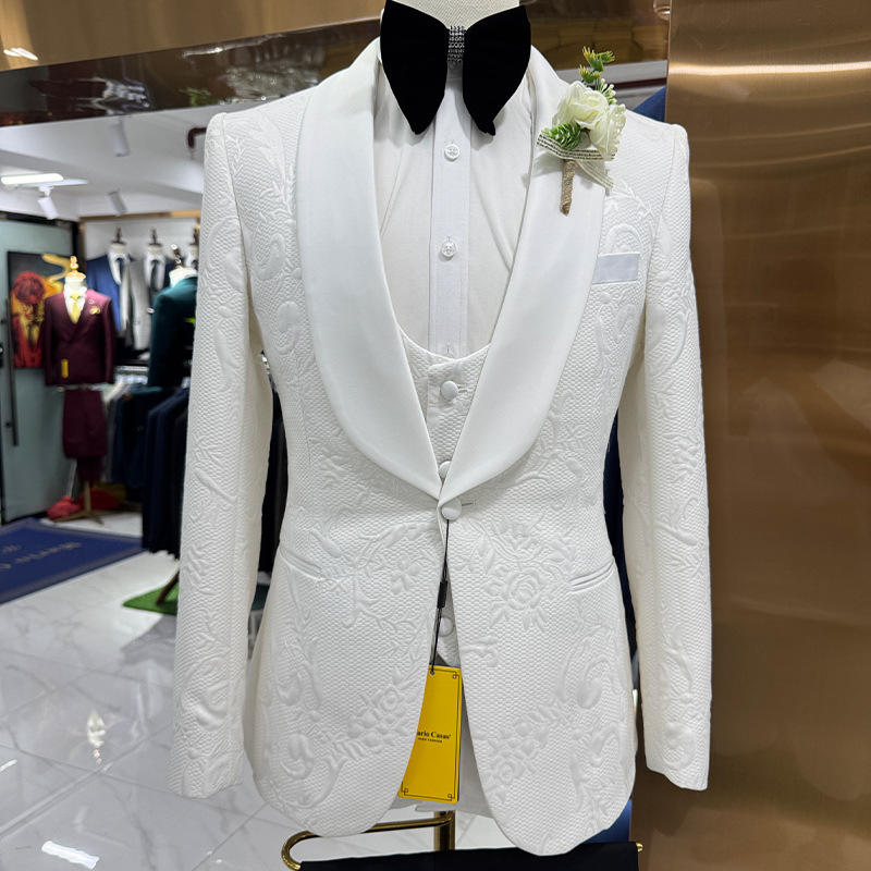 Formal Men Party Wear Jacket - Heren trouwpak wit 3-delig jacquard pak