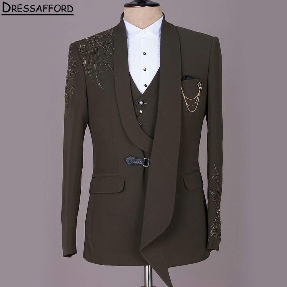 Khaki Formal Wear Men - Kaki formele trouwkostuums kralen kristal heren