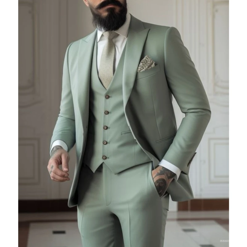 Men Formal Wear With Coat - Lichtgroene pakken herenpakken 3-delig trouwkleding zakelijk