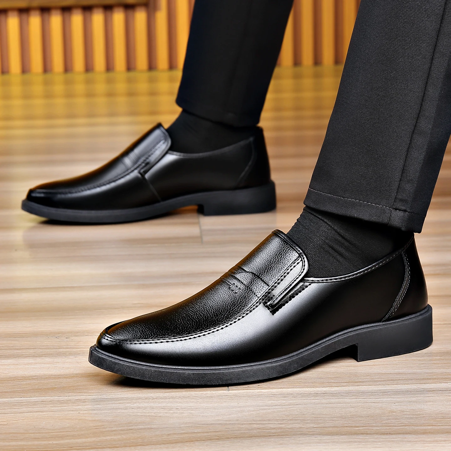 Men Formal Wear Dress - Heren instappers van leer, zwart, ronde