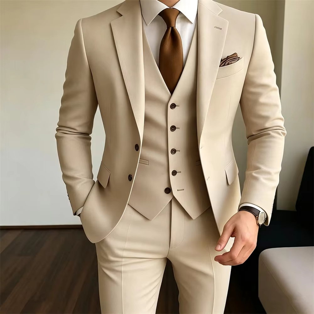 Kaki Herenpakken 3-delig Jas+V - Khaki Formal Wear Men recensie en prijs
