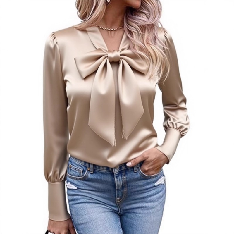 Dames effen satijnen blouse me - Satin Bow Tie recensie en prijs
