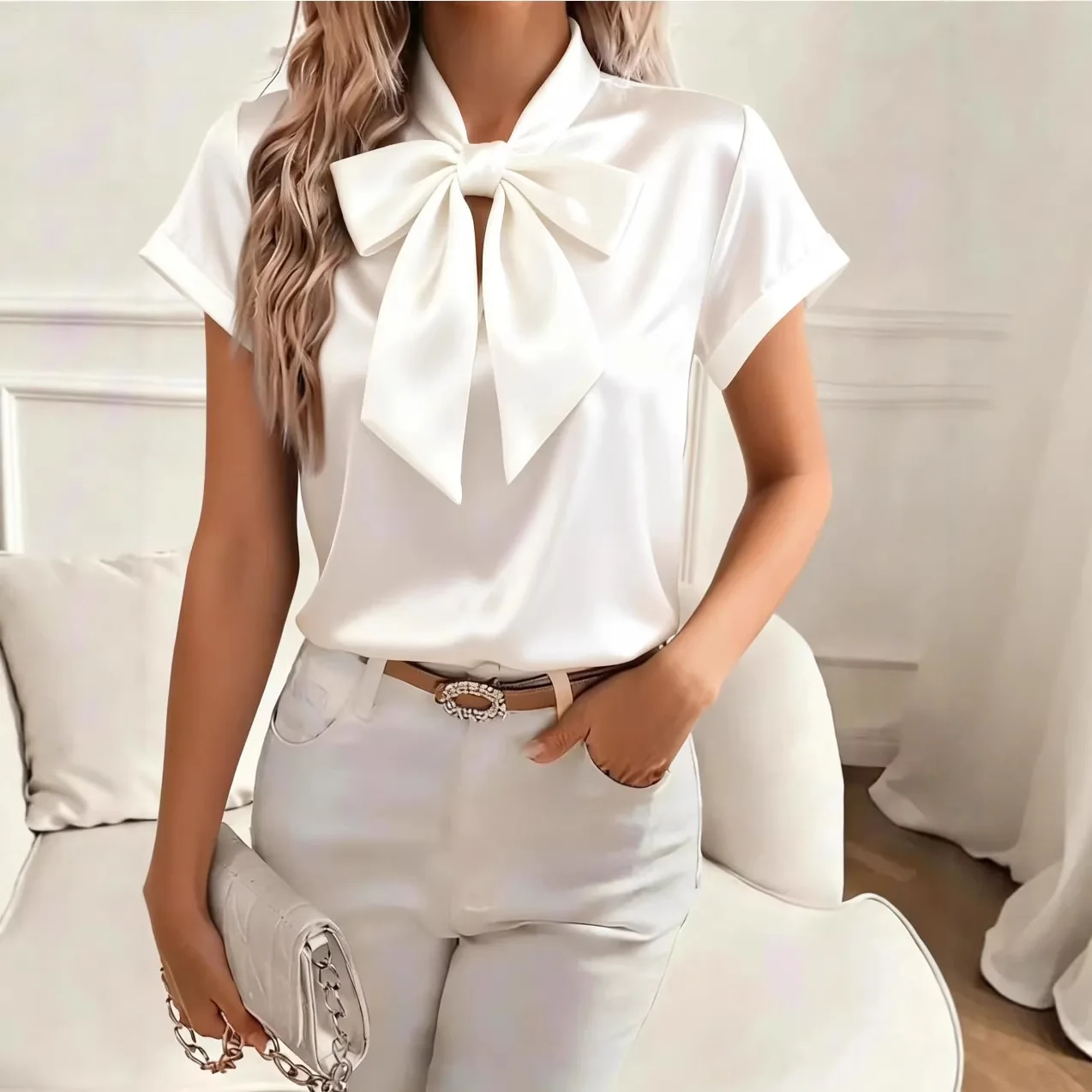 Dames satijnen blouse met stri - Satin Bow Tie recensie en prijs