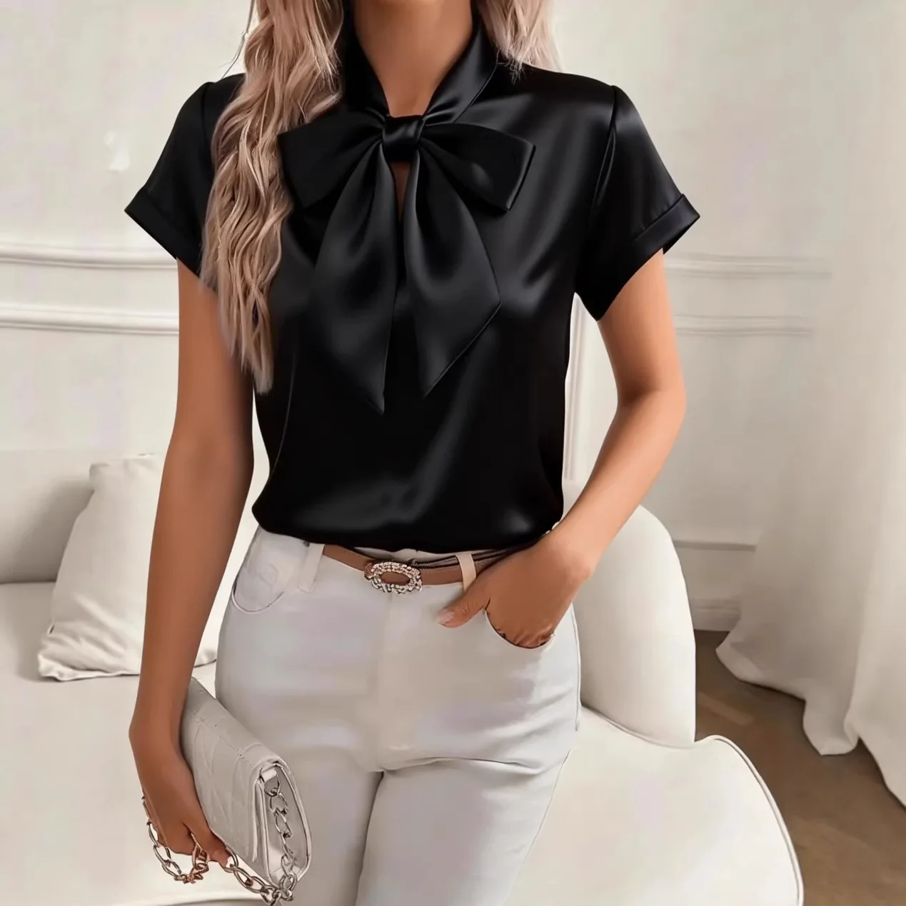 Elegante damesblouse met satij - Satin Bow Tie recensie en prijs